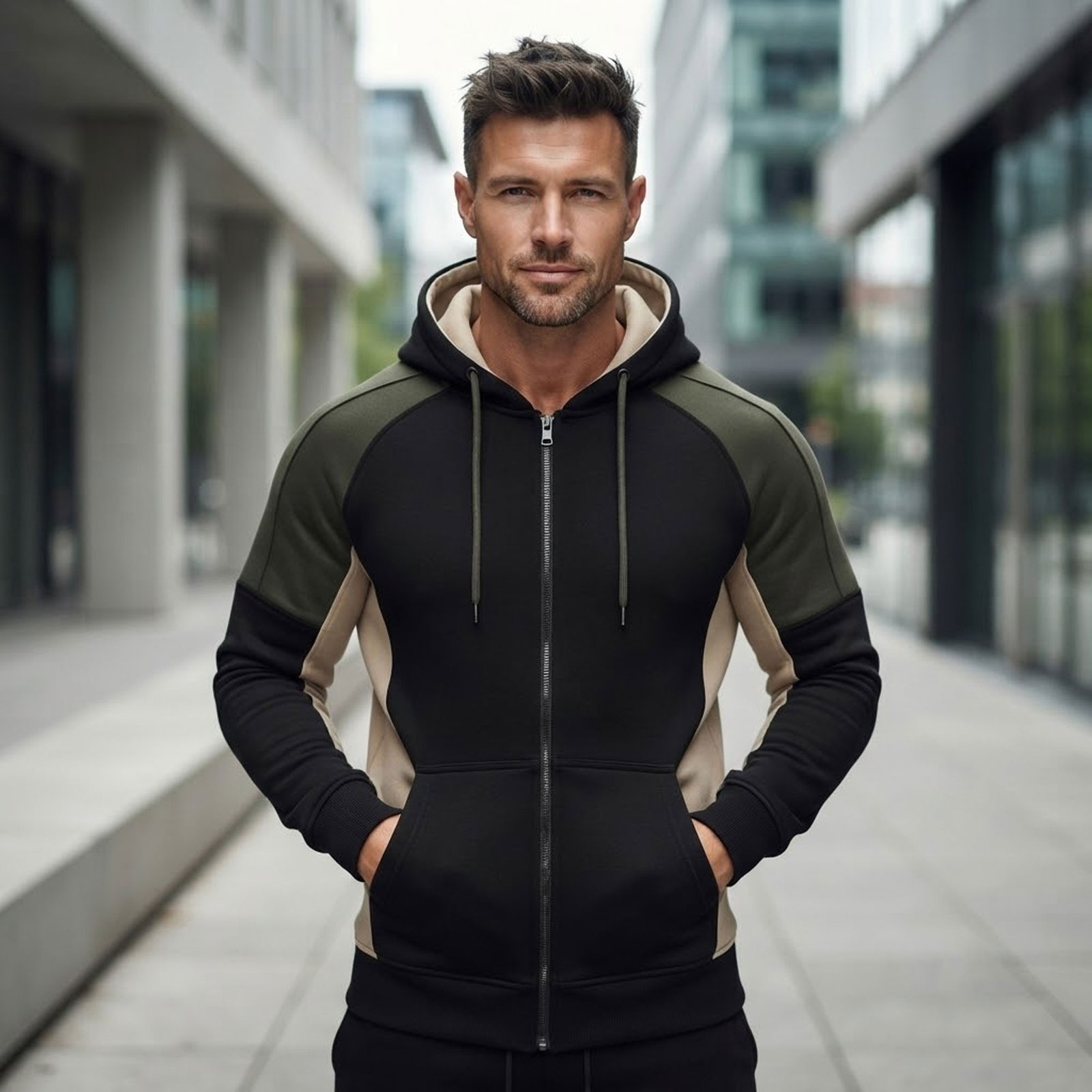 Group wearing matching custom zip-up hoodies