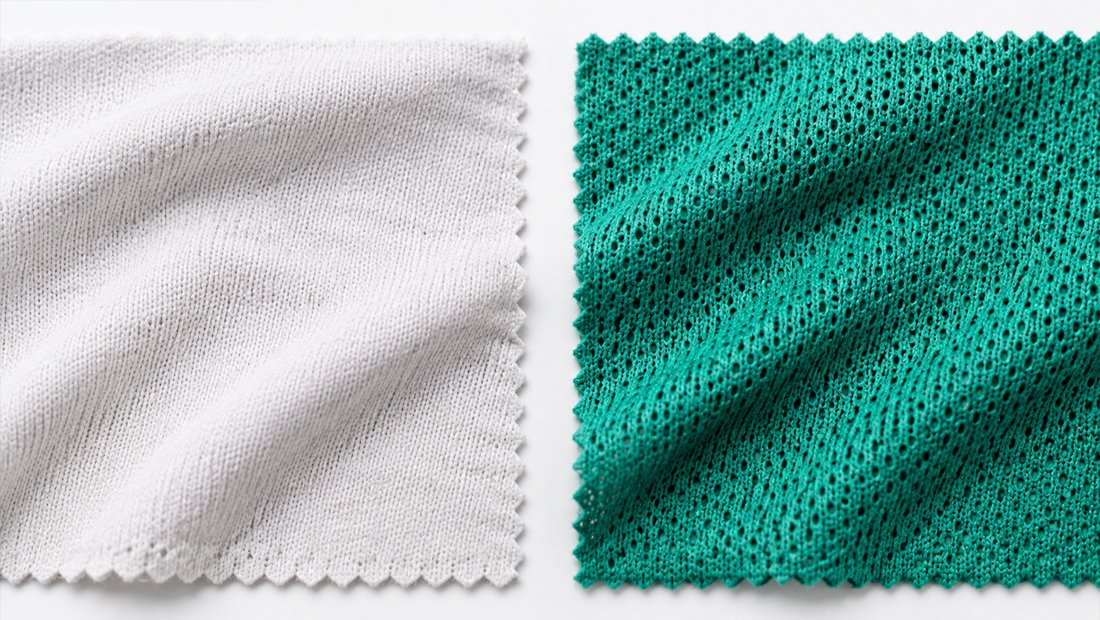 Side-by-side comparison of cotton and polyester jersey fabric swatches
