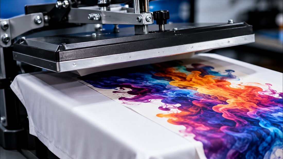 Close-up of sublimation ink transferring onto polyester fabric under a heat press