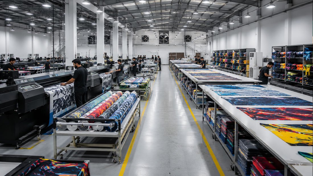 Noxico International sublimation printing production floor in Sialkot, Pakistan