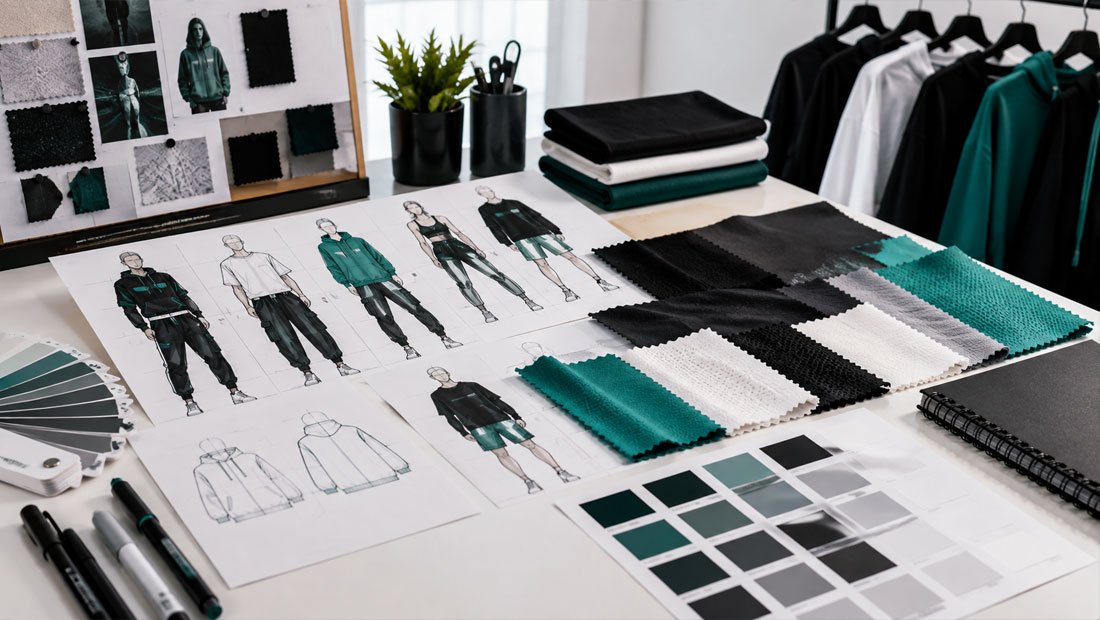 Fabric rolls and stitched sample garments being reviewed for a startup clothing line