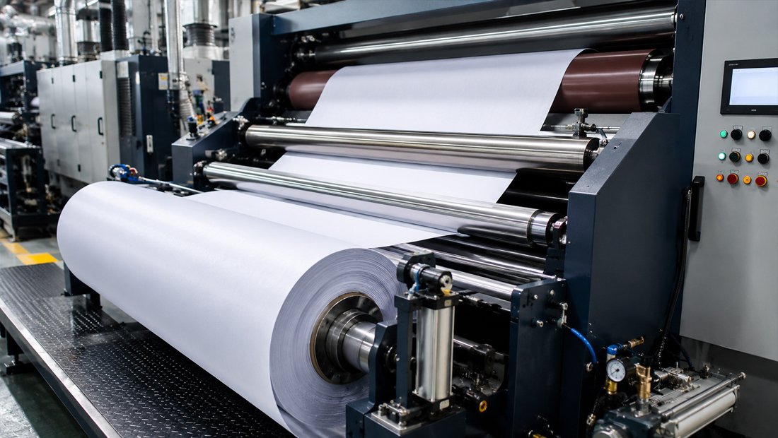 Industrial calendar heat transfer machine feeding a continuous roll of polyester fabric