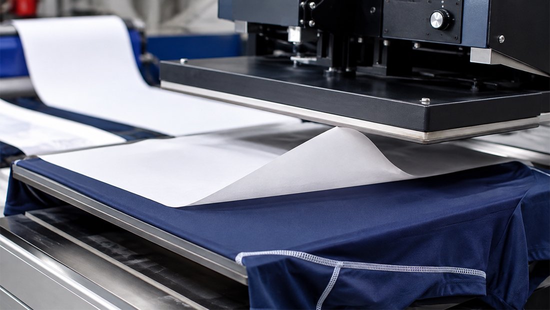 Sublimation transfer paper being fed into a heat press with polyester fabric
