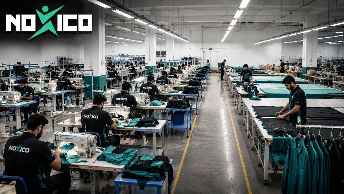 Noxico International production floor in Sialkot, Pakistan, where startup clothing lines are manufactured